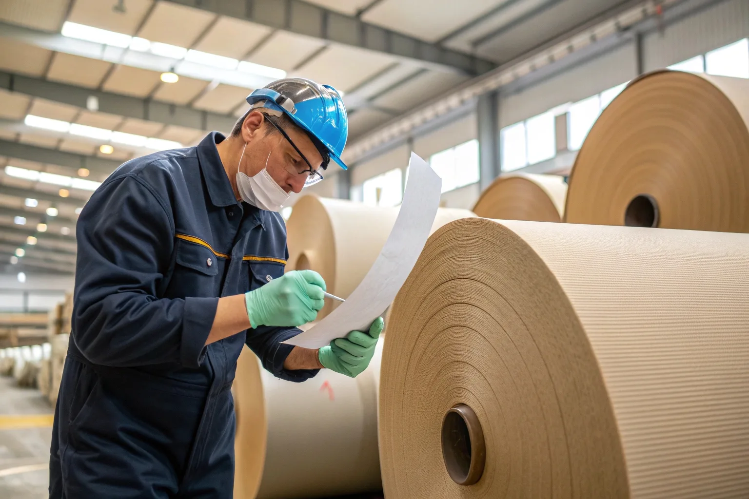 An expert inspecting raw paper material for packaging