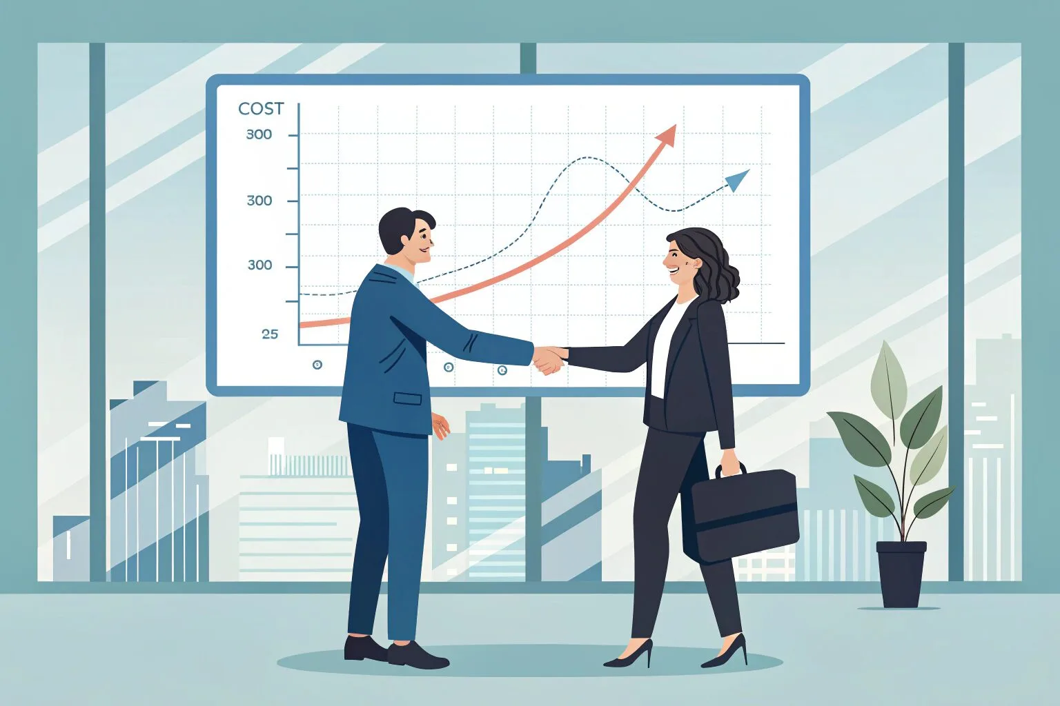 An illustration of two business people shaking hands in front of a chart showing a flattened, more stable cost curve.