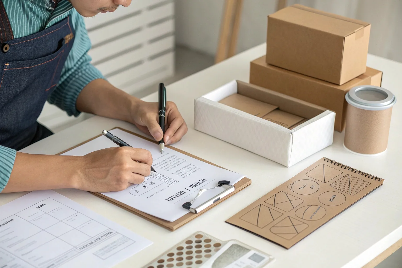 Someone writing a detailed packaging brief on a clipboard with samples nearby.