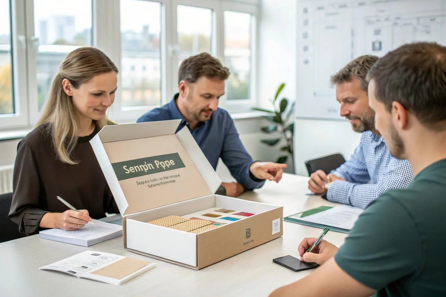 Team members gathered around a sample paper box, discussing its features