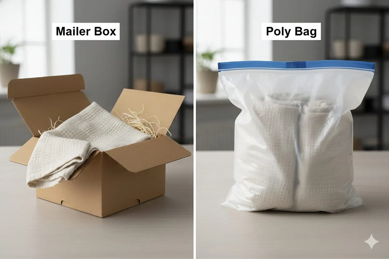 Side-by-side comparison of a product in a box vs a poly mailer