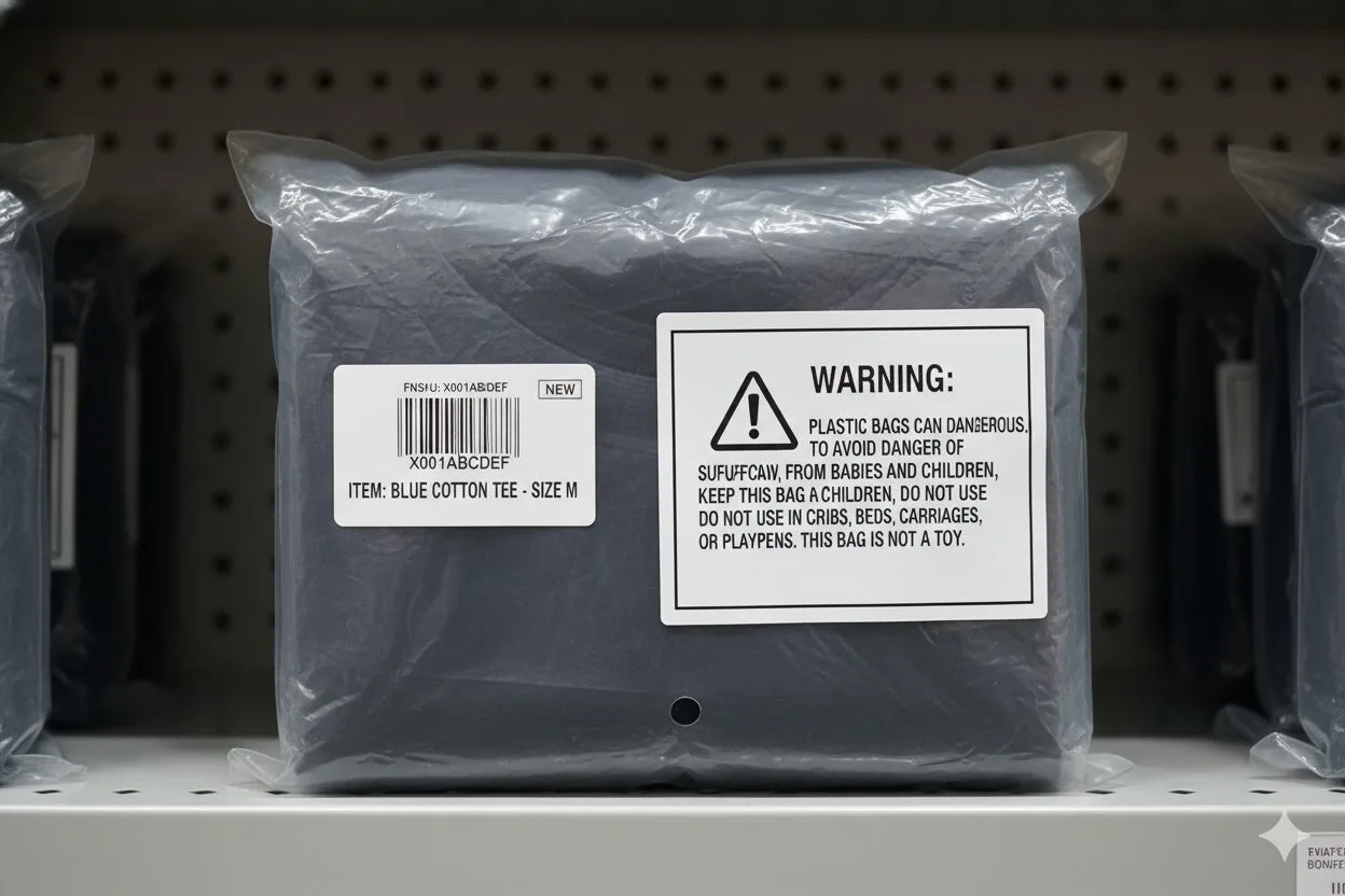 Retail Ready Poly Bag Example of correct FNSKU labeling and a poly bag with a suffocation warning