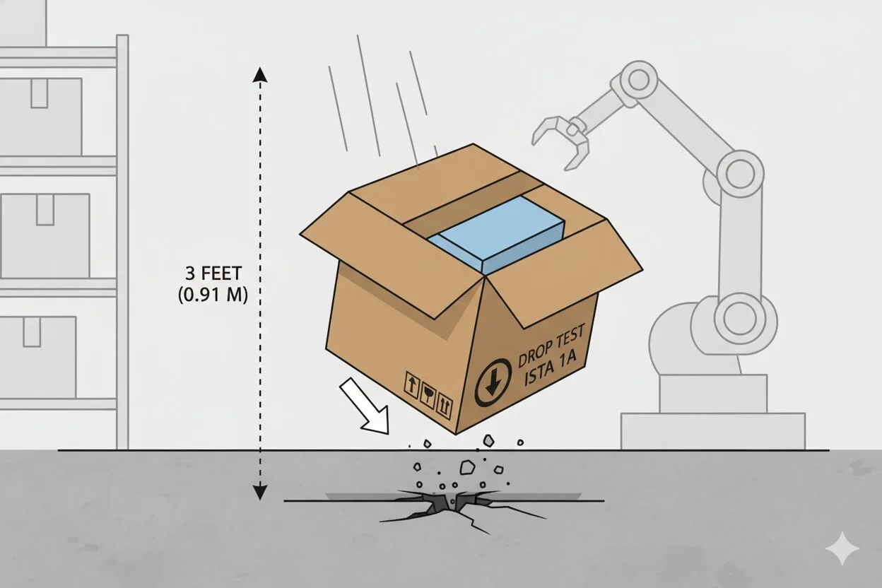 ISTA 1A Drop Test Graphic illustrating the 3-foot drop test on a package