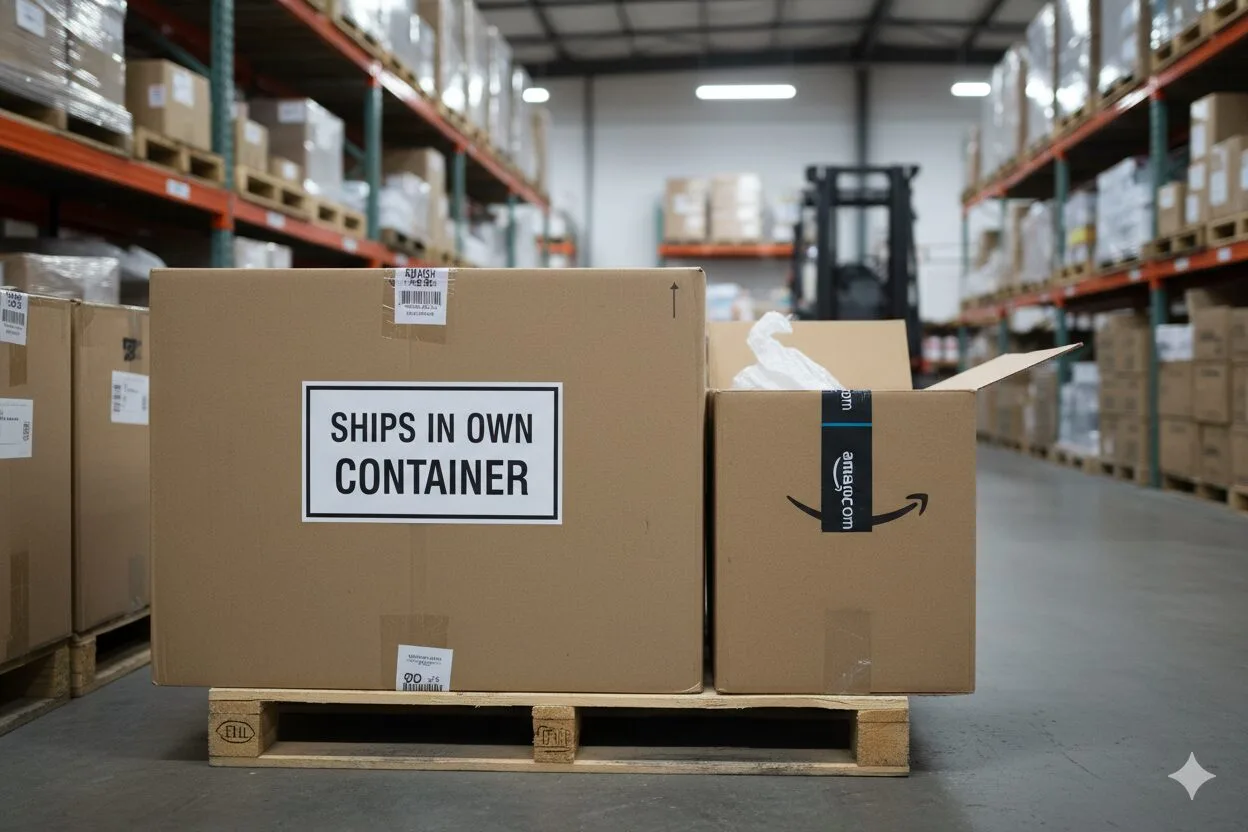 Product with a "Ships in Own Container" label next to an Amazon overbox