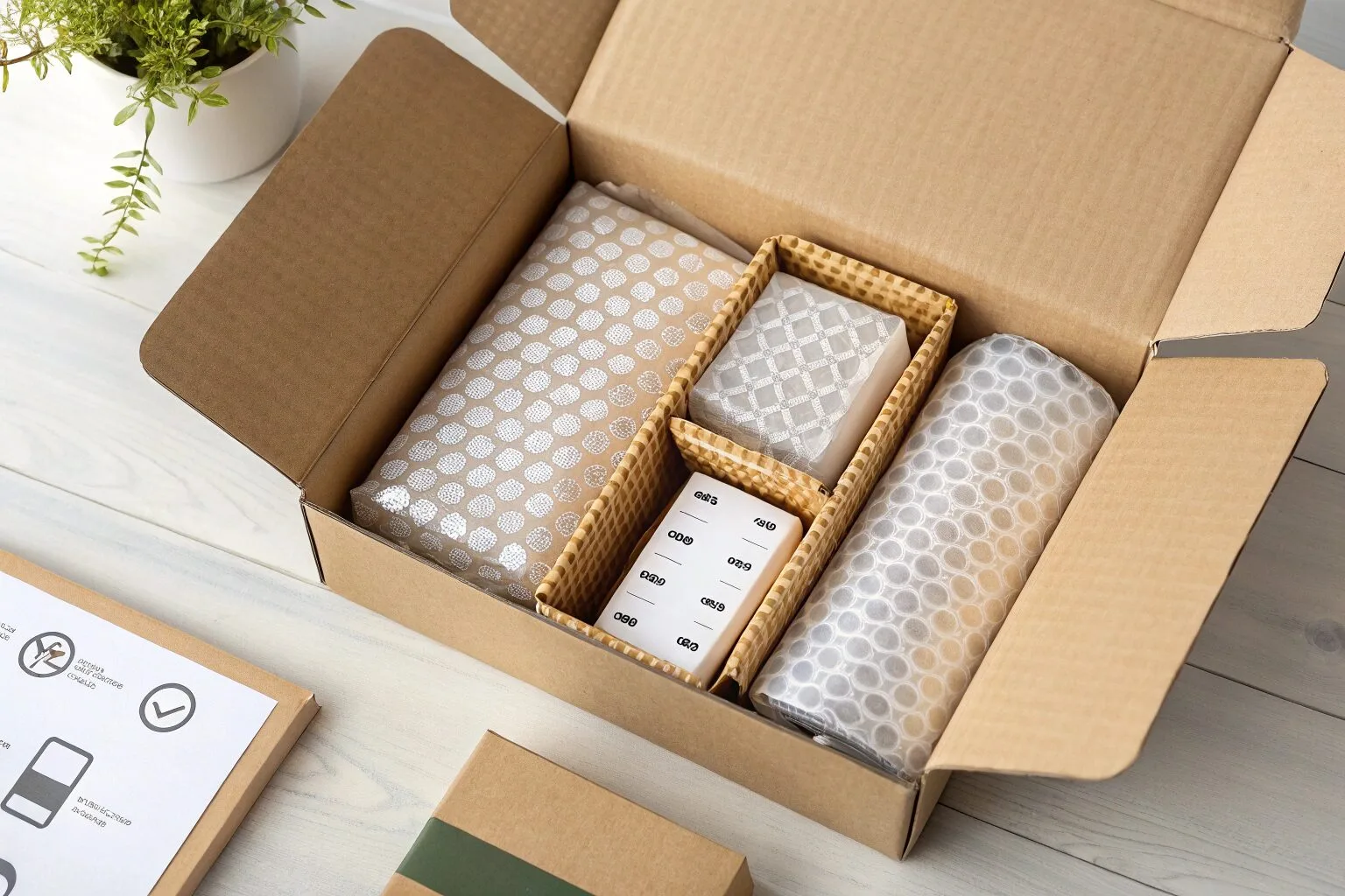 Finer Packaging custom boxes An open shipping box showing items securely separated by cardboard dividers and cushioned with bubble wrap.