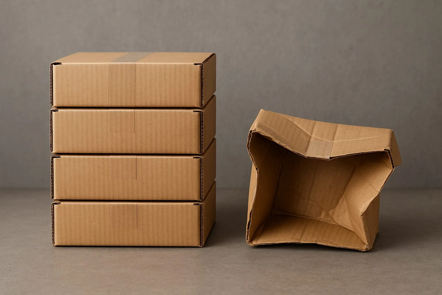 A stack of sturdy, well-taped corrugated boxes next to a single, flimsy box that is bent and collapsing.