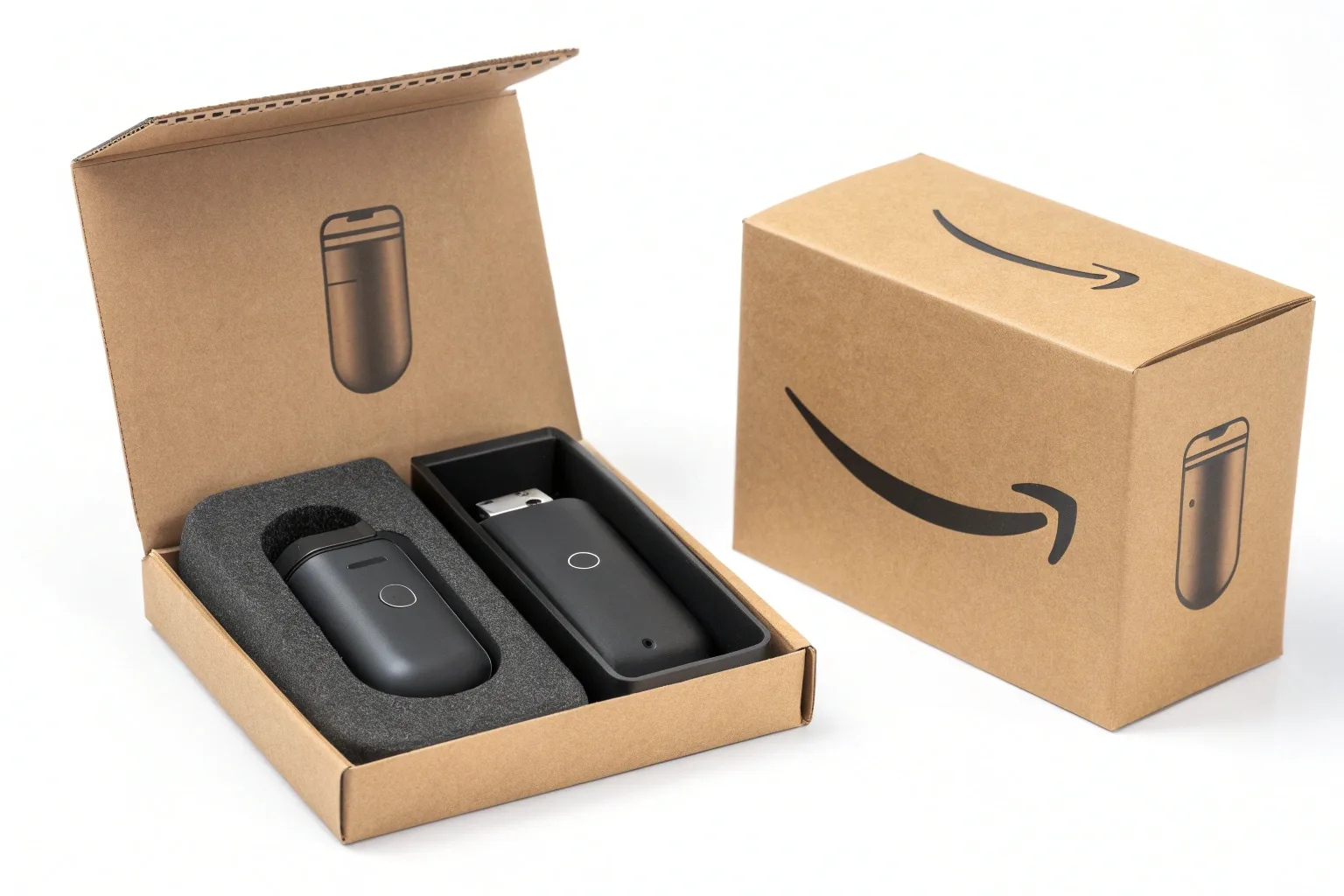 Comparison of a product in an Amazon box vs SIOC packaging