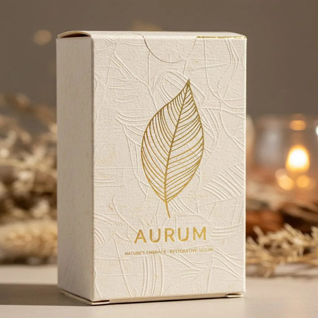 Close up of textured skincare packaging with gold foil