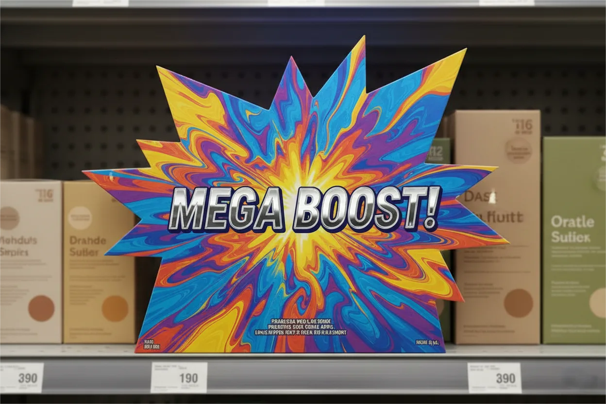 A custom-shaped display with bright colors and a large headline that is visually distinct from the other boxes around it.