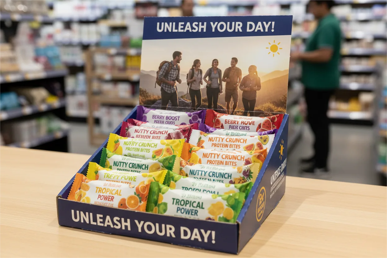 A display with a powerful headline and a large, appealing image, with products neatly arranged and easy to grab.