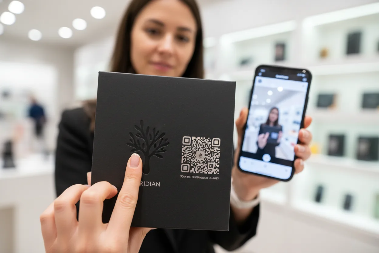 A shopper touching an embossed logo on a display, while scanning a QR code with their phone.