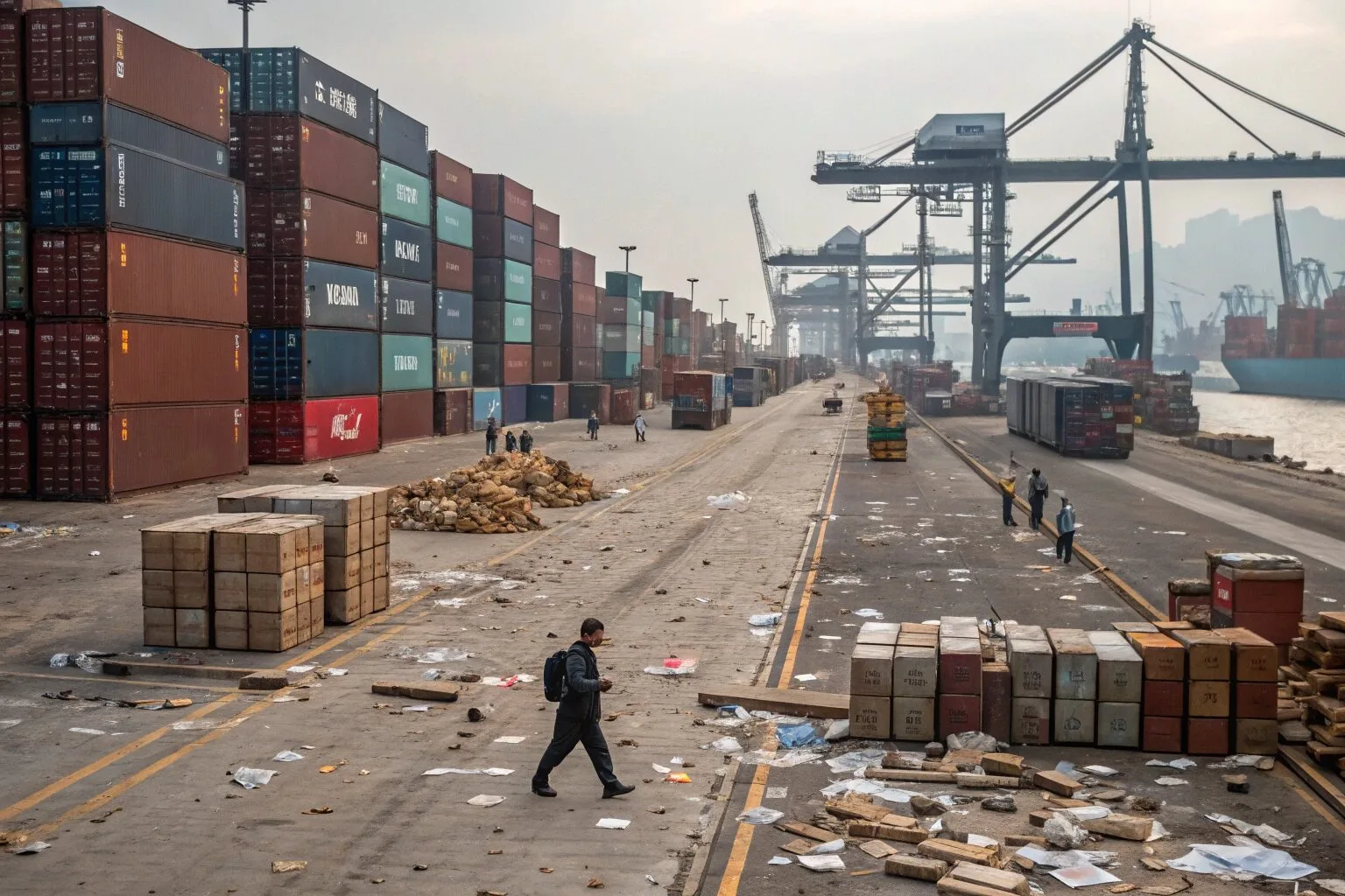 A busy port with stacked containers and delayed ships, next to damaged boxes from transit.