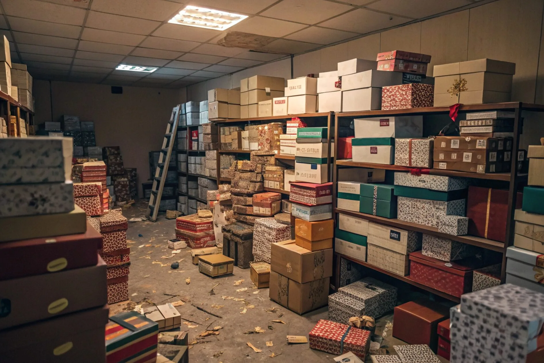A complex and overflowing stockroom filled with different sizes of bulky gift boxes, making it hard to find anything.