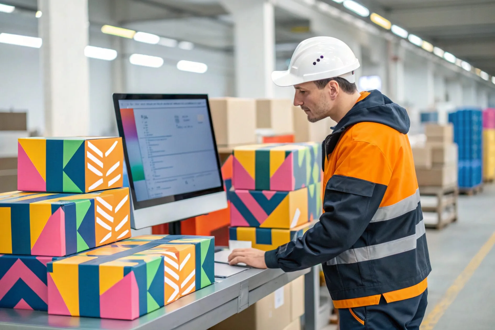 A factory worker inspecting defective boxes, next to a computer showing stolen design files.