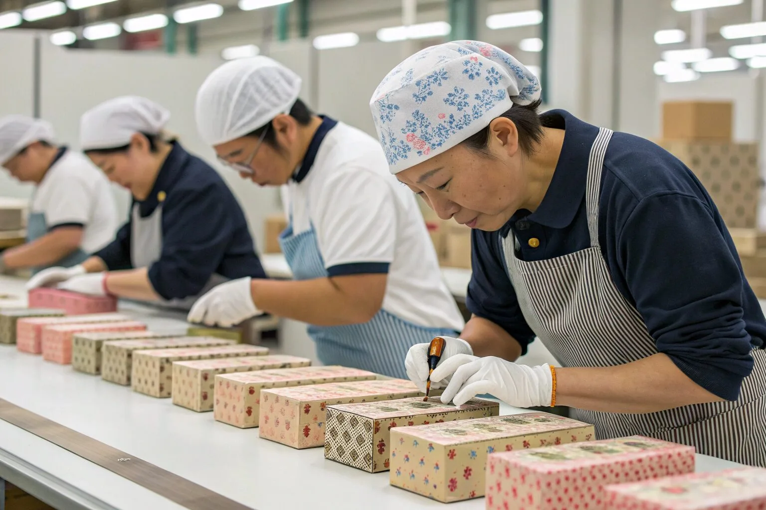 A group of skilled workers efficiently assembling a small batch of customized boxes on a production line.