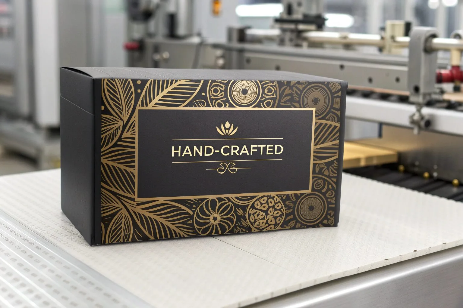 A premium packaging box with a 'Hand-Crafted' label, displayed alongside automated machinery in the background.