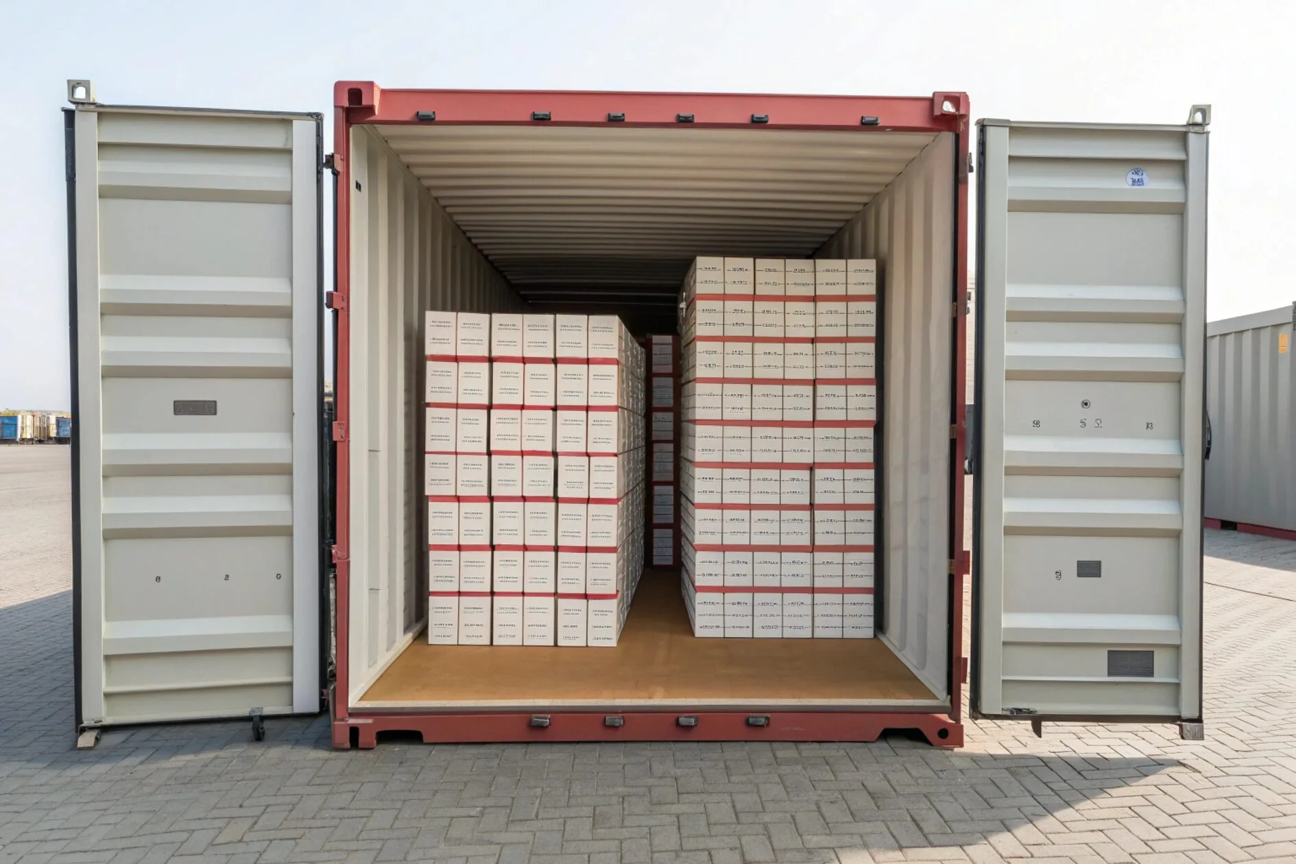 A shipping container filled with pre-assembled gift boxes, showing how much volume is just empty air.