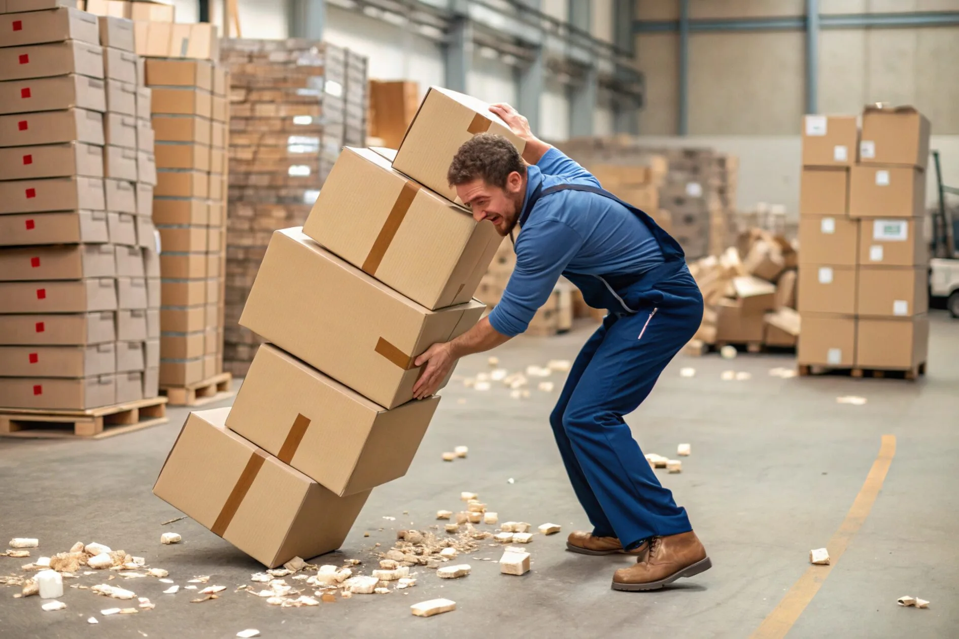 A warehouse worker struggling to stack large, awkward gift boxes, with damaged, crushed boxes on the floor.