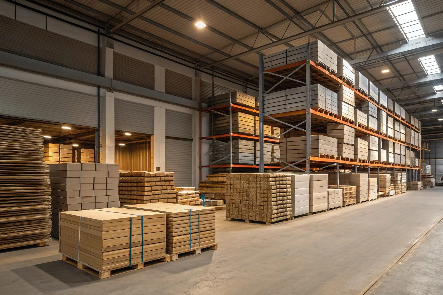 Stacks of raw materials like paperboard and foils in a warehouse, with some shelves empty due to shortages.