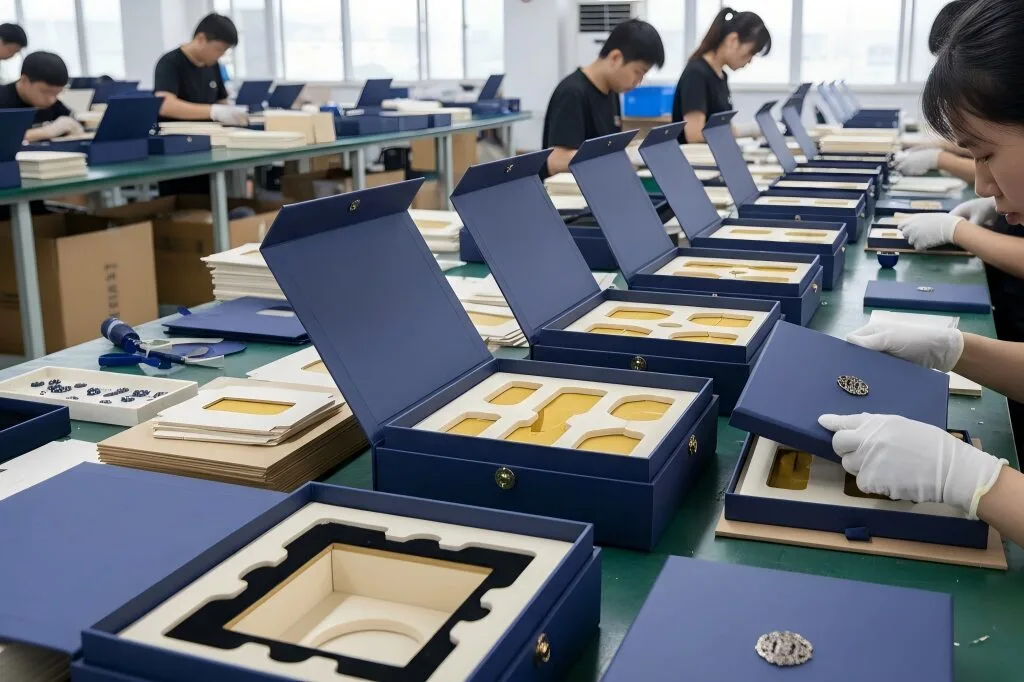 A complex luxury box design with magnetic closure, custom inserts, and workers assembling by hand.