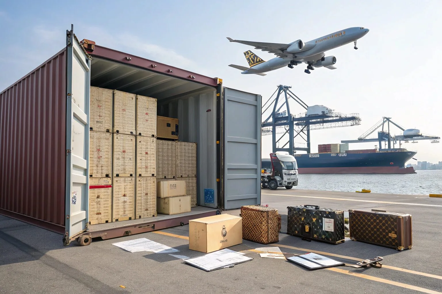 A shipping container of luxury boxes at a port, with customs paperwork and a rushed air freight plane in the background.