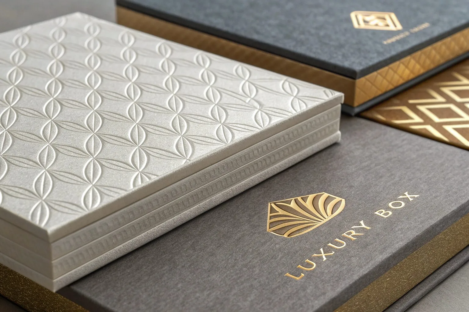 Close-up of luxury box materials including thick greyboard, textured paper, and samples of foil stamping and embossing.